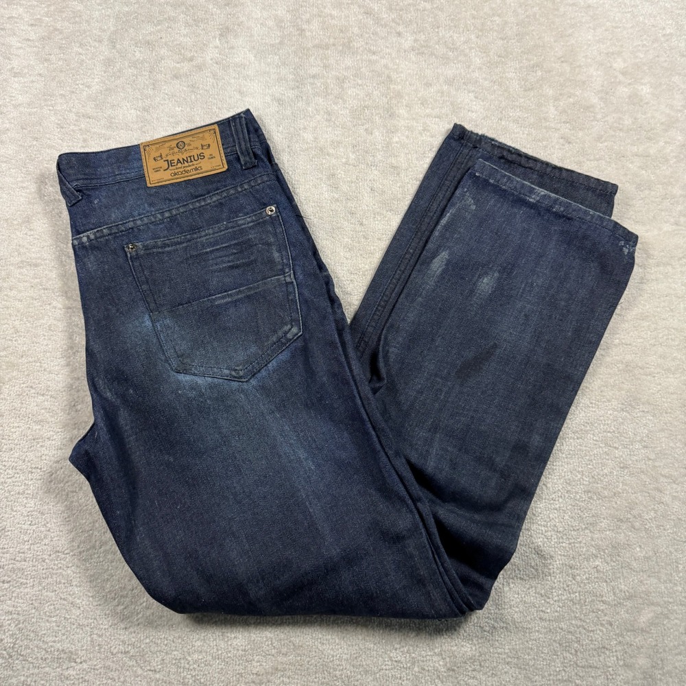 Akademiks Jeanius Jeans Mens 32x32 Blue Distressed Red Patch Straight Leg Denim